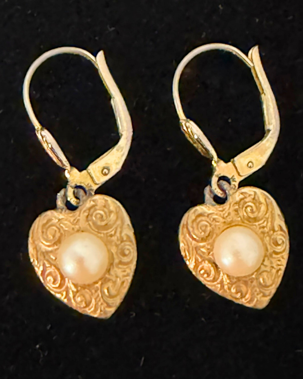 DBGM Signed Faux Pearl Filigree Heart Drop Earrings Gold-tone Leverback Vintage